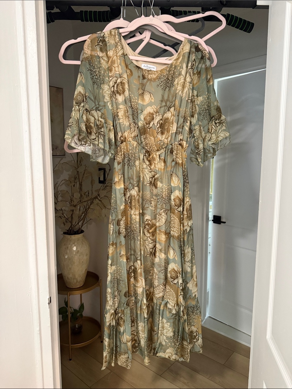 Floral Sage and Beige Midi Dress with Ruffled Sleeves
